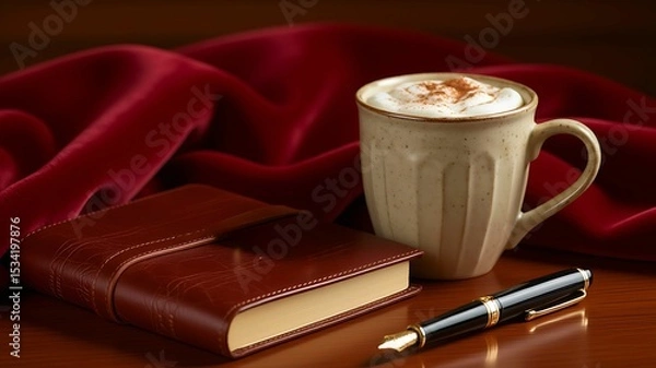 Fototapeta Elegant Journal and Coffee on Rich Red Fabric