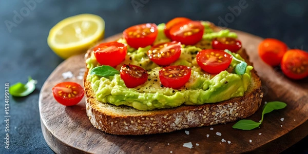 Obraz Avocado Toast with Cherry Tomatoes on Wooden Board, ai generated.