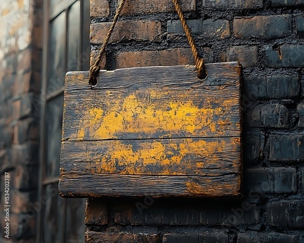 Obraz Rustic wooden sign with worn yellow paint hanging on an old brick wall. Ideal for vintage design mockups or retro signage backgrounds.