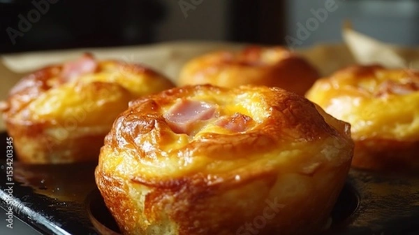 Obraz Savory Delight: Close-Up of Freshly Baked Ham and Cheese Buns on Baking Tray