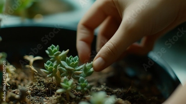 Obraz Close-up of a hand tending to a small succulent arrangement in a pot