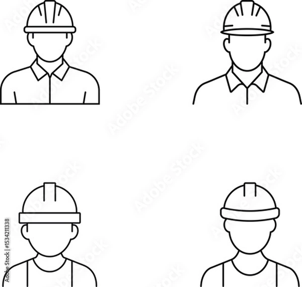 Fototapeta Minimalist Vector Illustrations of Construction Workers with Hard Hats in Varying Poses