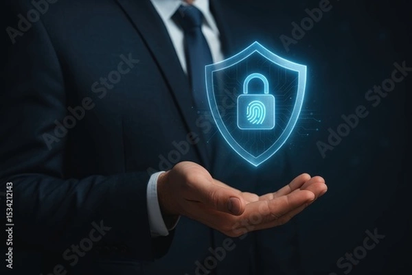 Obraz Businessman’s hand in dark navy suit holding glowing blue holographic shield with lock icon and embedded fingerprint scanner, symbolizing data protection, cyber security, biometric password and inform