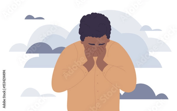 Obraz Upset unhappy man with mental health problems vector illustration. Cartoon young guy character crying, depressed person standing alone to cry, hopeless stress despair concept isolated on white