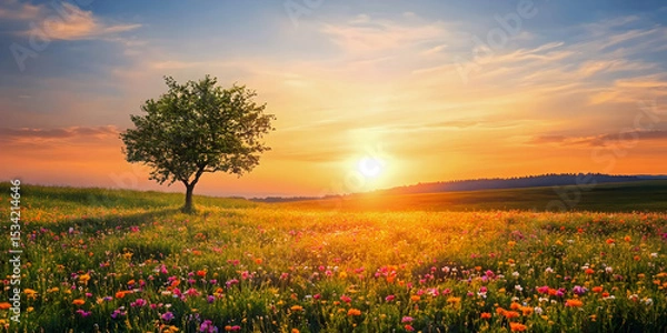Obraz Sunset Over the Wildflower Horizon, ai generated.