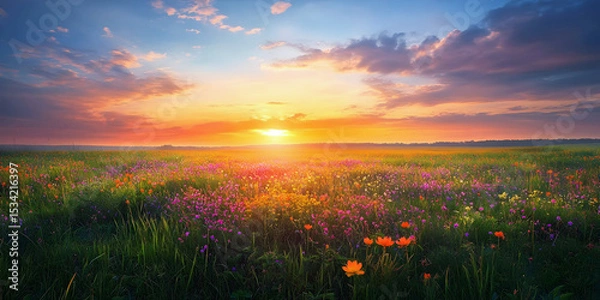 Obraz Sunset Over the Wildflower Horizon, ai generated.