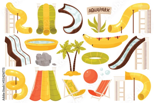 Obraz Waterpark equipment set, slide tube with flowing water attraction vector illustration. Cartoon swimming pool, inflatable ring and yellow banana mattress plastic for summer park isolated on white