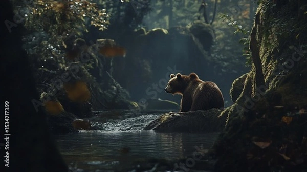 Obraz Majestic Grizzly Bear Observes the Flowing River in a Lush Forest Scene