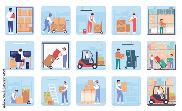 Obraz People work in warehouse, logistic service set vector illustration. Cartoon worker characters carry cardboard boxes, using forklift to load parcel packages in storage building interior background
