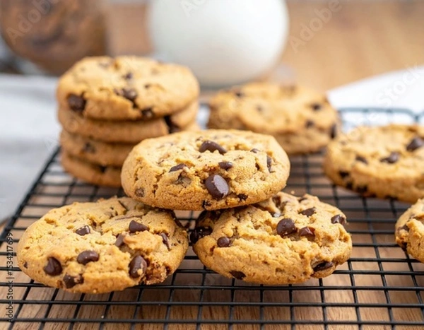 Fototapeta Stack Of Chocolate Chip Cookies On Wire Rack