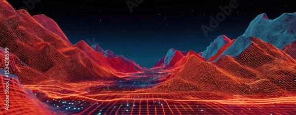 Fototapeta Digital cyber technology background with connected dots on 3d mountain landscape. Concept of AI artificial intelligence, big data, data science, digital world, virtual reality, cyberspace, metaverse.