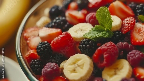 Obraz Colorful Summer Fruit Salad with Strawberries, Raspberries, Blackberries, and Bananas