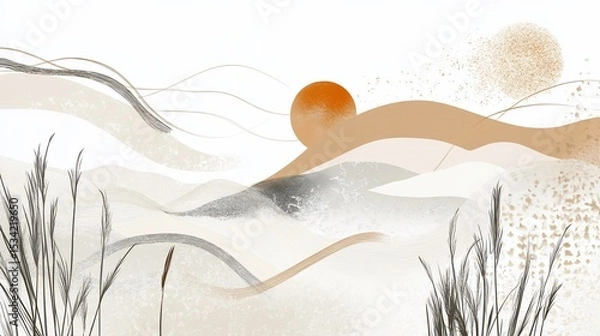 Obraz Abstract landscape with rising sun and beige mountains in minimalist design