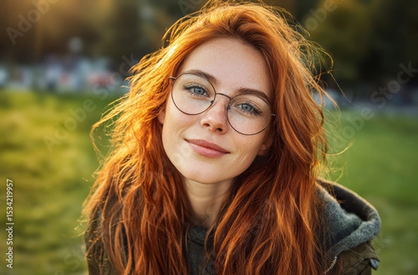 Fototapeta Portrait of an attractive young red-haired girl, European university student, wearing eyeglasses and posing for the camera. Green park background. 