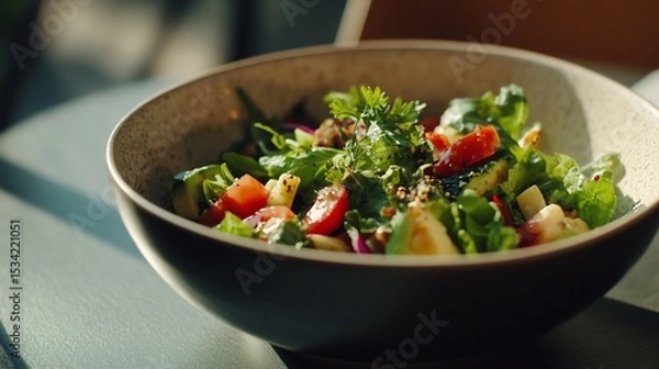 Obraz Vibrant Mixed Salad Delight in Rustic Bowl Bathed in Natural Sunlight