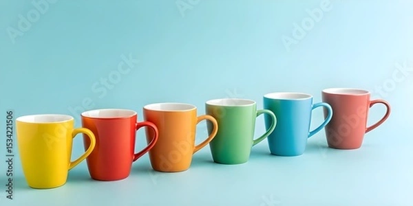 Fototapeta Five Colorful Matte Coffee Cups in a Row on Light Blue Background – Minimal Drinkware Display

