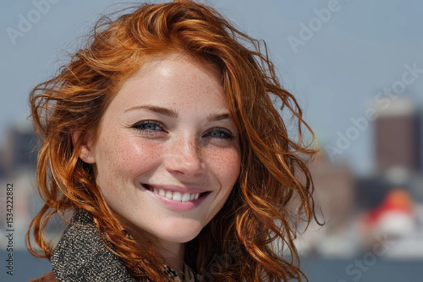 Fototapeta Portrait of a charming red-haired girl against the urban background of the city smiling happily. Young European university student. 