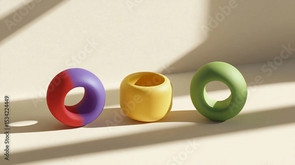Obraz Colorful donut-shaped objects casting soft shadows on a light beige backdrop