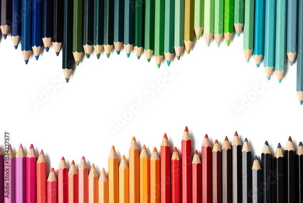 Fototapeta The Photograph of colored pencils arranged alternately on a white background.
