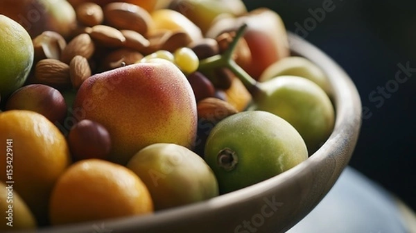 Obraz Close-up of a wooden bowl brimming with vibrant mixed fresh fruits and almonds