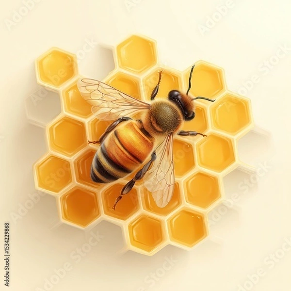 Fototapeta Realistic depiction of a honey bee on a beehive with intricate honeycomb structure showcasing nature's beauty and detail