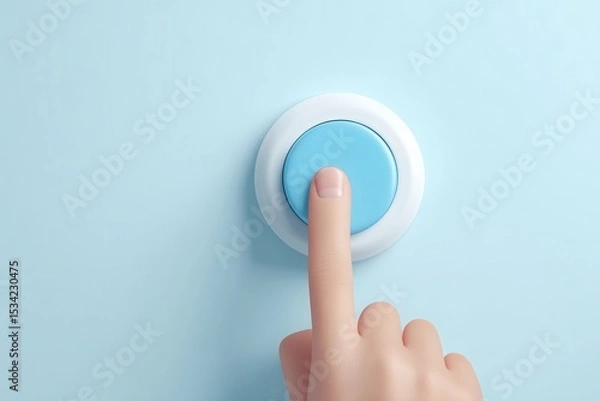 Fototapeta Close-up view of a finger activating a blue power button on a soft pastel background, emphasizing modern technology and simplicity