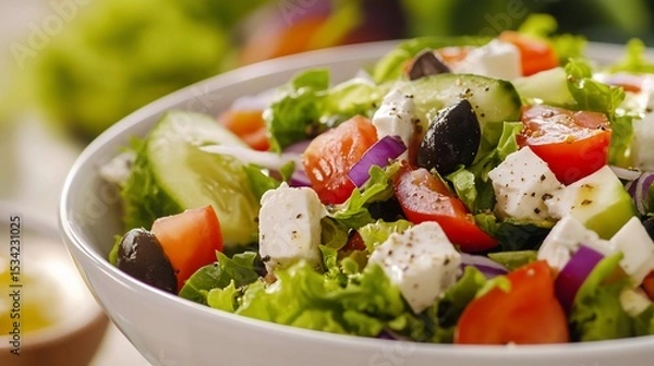 Obraz Greek salad in a bowl showcasing fresh vegetables and feta cheese cubes