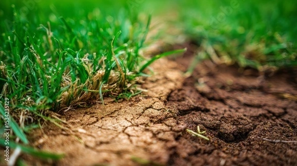 Fototapeta Damaged green grass lawn with dry brown patches, signs of pest infestation, fungal disease, and poor maintenance, representing yard problems and need for lawn care and restoration