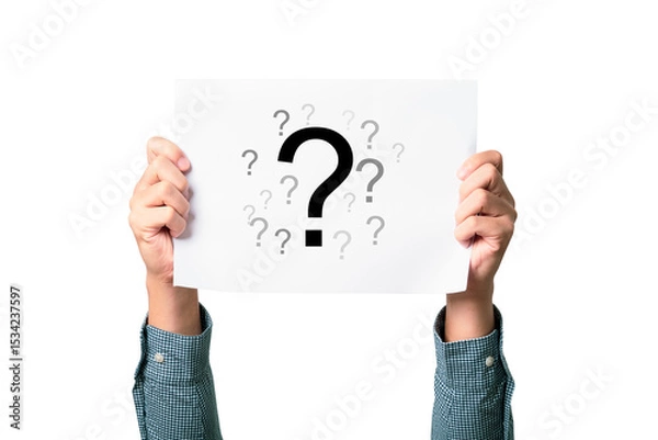 Fototapeta Businessman holding a question mark sign on white paper for question and answer of problem solving solution concept.