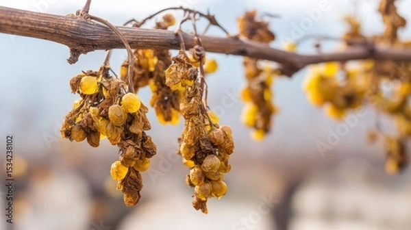 Fototapeta Close up of rotten grape on the vine with shriveled skin and mold, showing dried spoiled berries still attached to stem, concept of decay, overripe fruit, and agricultural disease