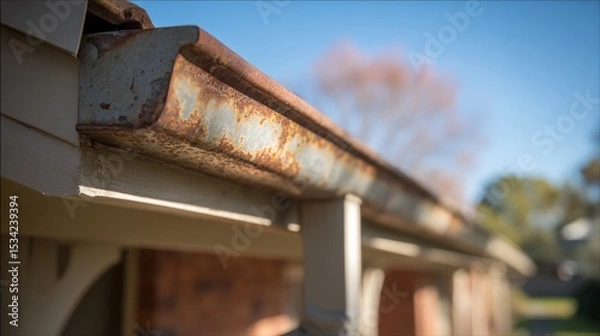 Fototapeta Close-up view of rusty, clogged, and damaged gutters attached to residential roof, showing poor maintenance, blocked drainage, corrosion, and risk of water damage to home exterior