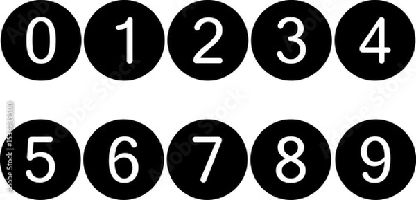 Fototapeta Stylized numbers 0–9 in a clean sans-serif font, each inside a solid black circle. Ideal for infographics, UI, labels, and educational materials.