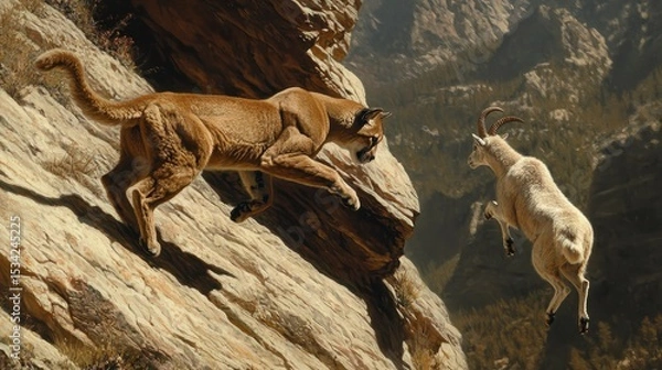 Obraz Cougar leaping to attack mountain goat on rocky cliff.