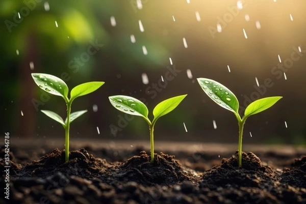 Fototapeta Three delicate green seedlings emerging from rich soil under gentle rain symbolizing new beginnings