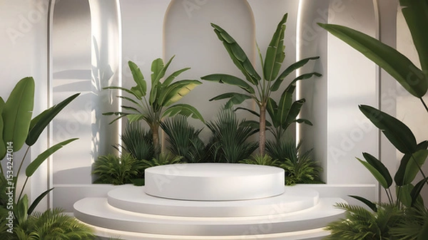 Obraz White podium with tropical plants for cosmetic product display. 3D render of a minimalist stage with natural light