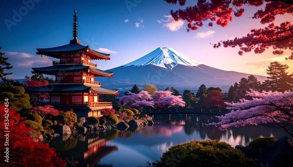 Fototapeta A serene landscape captures Mount Fuji rising majestically behind a traditional pagoda, framed by blooming cherry trees, reflecting in the calm water on a peaceful day.