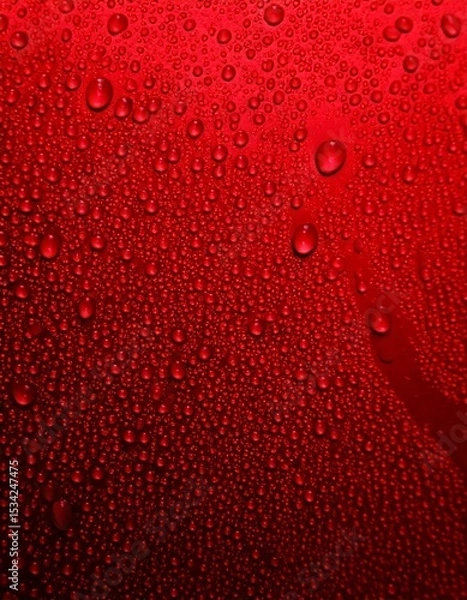 Fototapeta Water, droplets, background, wall — seamless close-up of dark, shiny red surface with detailed water beads evaporating slowly, capturing intricate texture and moisture dynamics on a reflective smooth 