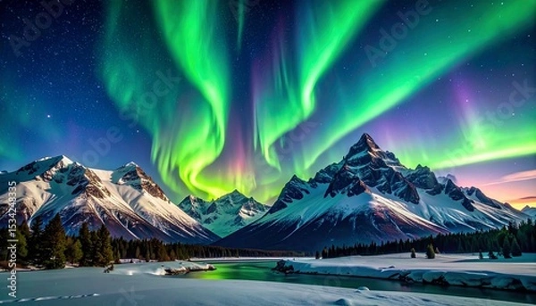 Fototapeta The majestic Northern Lights dance vibrantly above snow capped mountains and a serene river in a breathtaking winter landscape beneath a starry sky tonight.