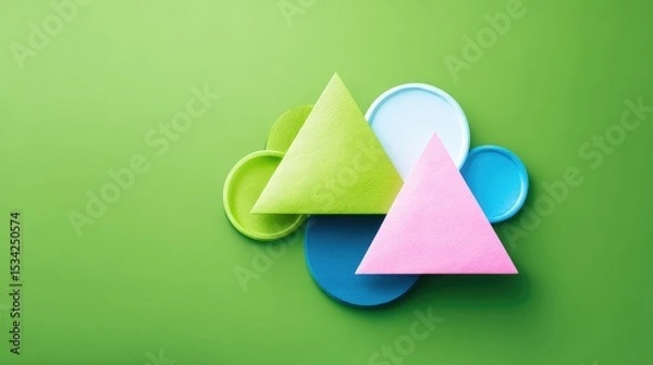 Fototapeta Abstract Geometric Composition with Textured Triangles and Circles on Green Background