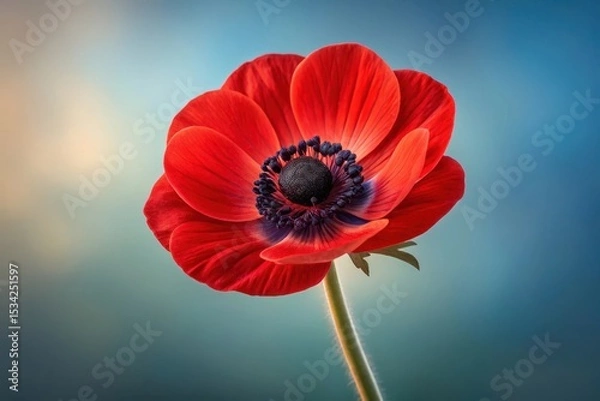 Fototapeta Photorealistic close-up of vibrant red anemone flower with detailed petals and soft blurred background
