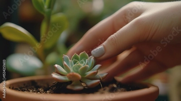 Obraz Woman's hand gently touching a vibrant succulent plant in terracotta pot