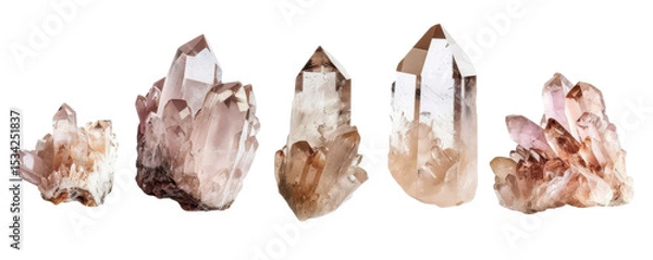 Fototapeta Five clear quartz crystals with a smoky brown color, arranged in a row.