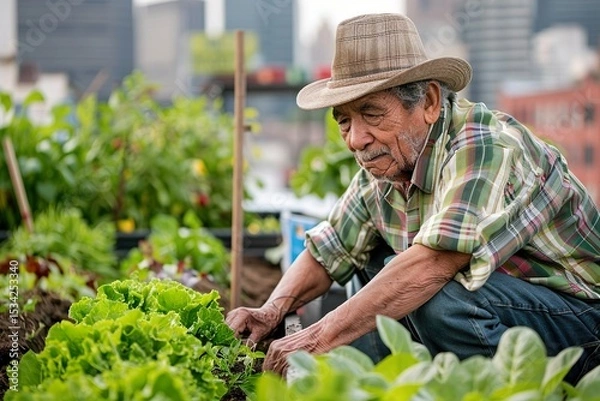 Fototapeta Portrait of a senior man smiling while gardening outdoors. Wearing a hat and apron, he tends to plants in a small urban garden. Concept of active retirement, healthy lifestyle, sustainable living and 