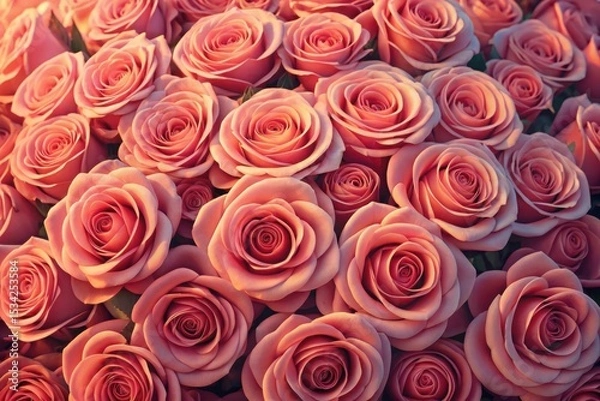 Fototapeta Close-up view of blooming pink roses in natural light with soft textures and romantic ambiance