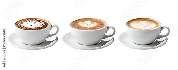 Obraz A trio of coffee cups featuring different types of coffee drinks, showcasing intricate foam art on top.