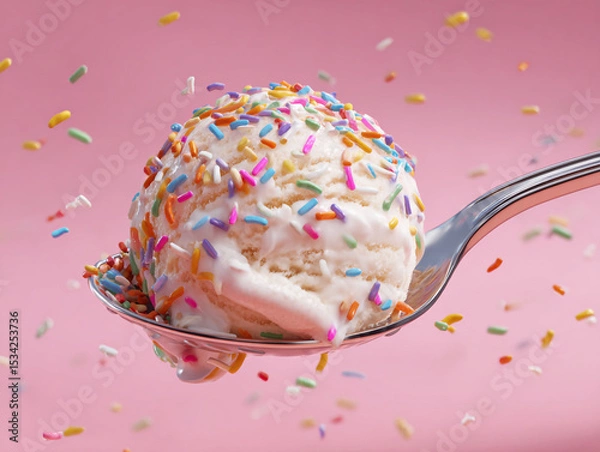 Obraz A scoop of vanilla ice cream with sprinkles on a spoon against pink background