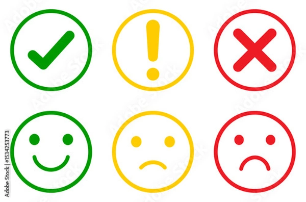 Obraz Set of green, yellow, and red round icons showing check marks, cross mark, alerts, and emoticons. Set of colorful check mark, cross, exclamation mark, and emoticons for happy, neutral, and sad moods.