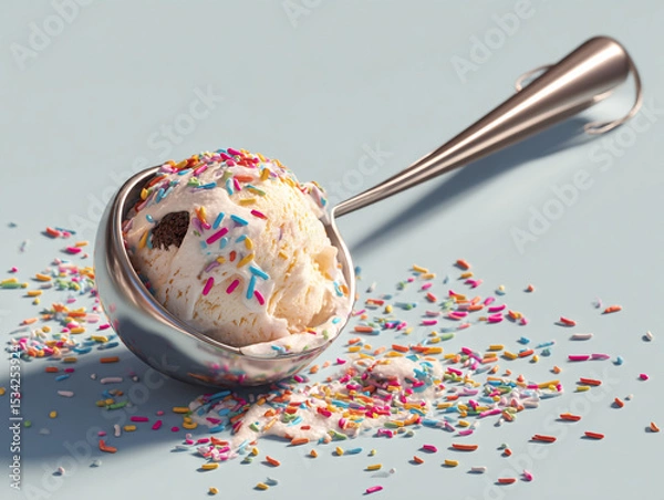 Obraz A scoop of vanilla ice cream with sprinkles on a blue background close up shot