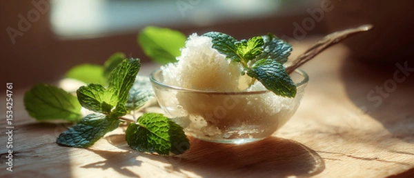 Obraz Close up of a bowl of granita with mint leaves on a wooden surface in sunlight