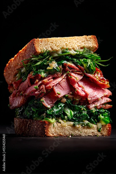 Obraz Close up of a sandwich with meat and green leafy vegetables on dark background